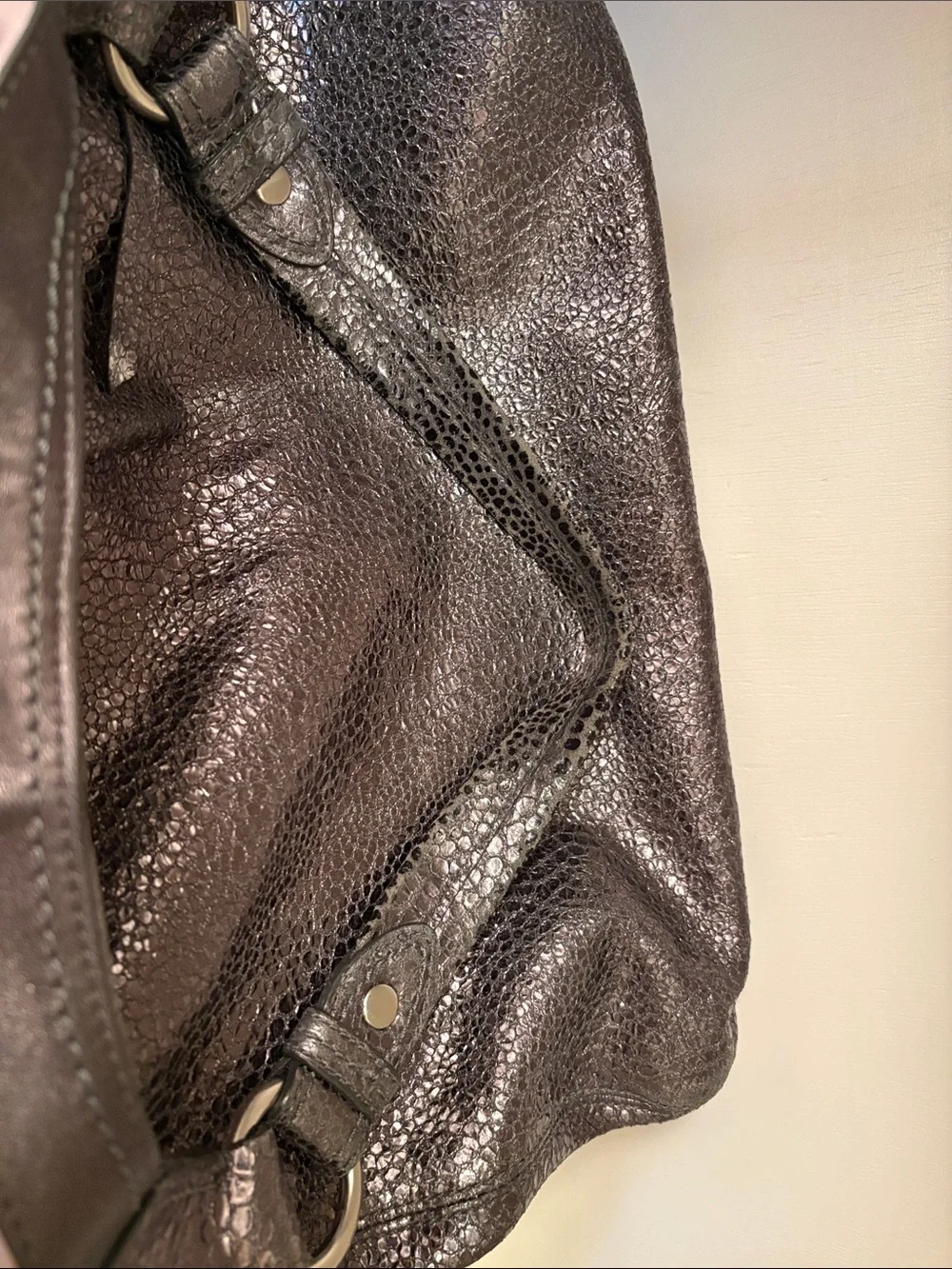COACH Maggie Crinkle Gunmetal Silver Python Metallic Hobo Bag